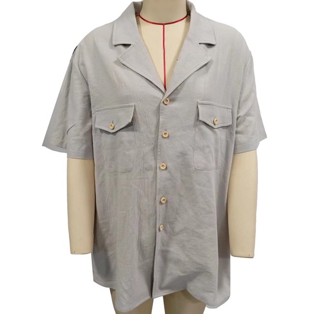 Camisa de manga corta para hombre Bolsillos en el busto Cuello vuelto Cierre de botón Color puro Blusa informal de verano Gris L