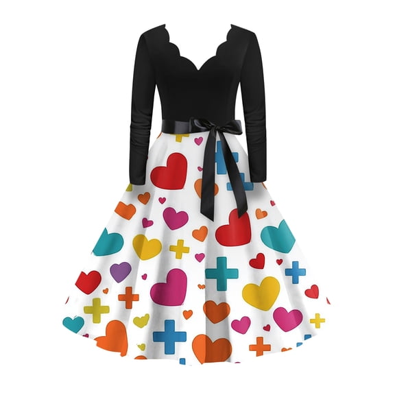 Valentines Day Dresses Fit and Flare Dress with Heart Print Pattern Waist for Women Vintage Pink M