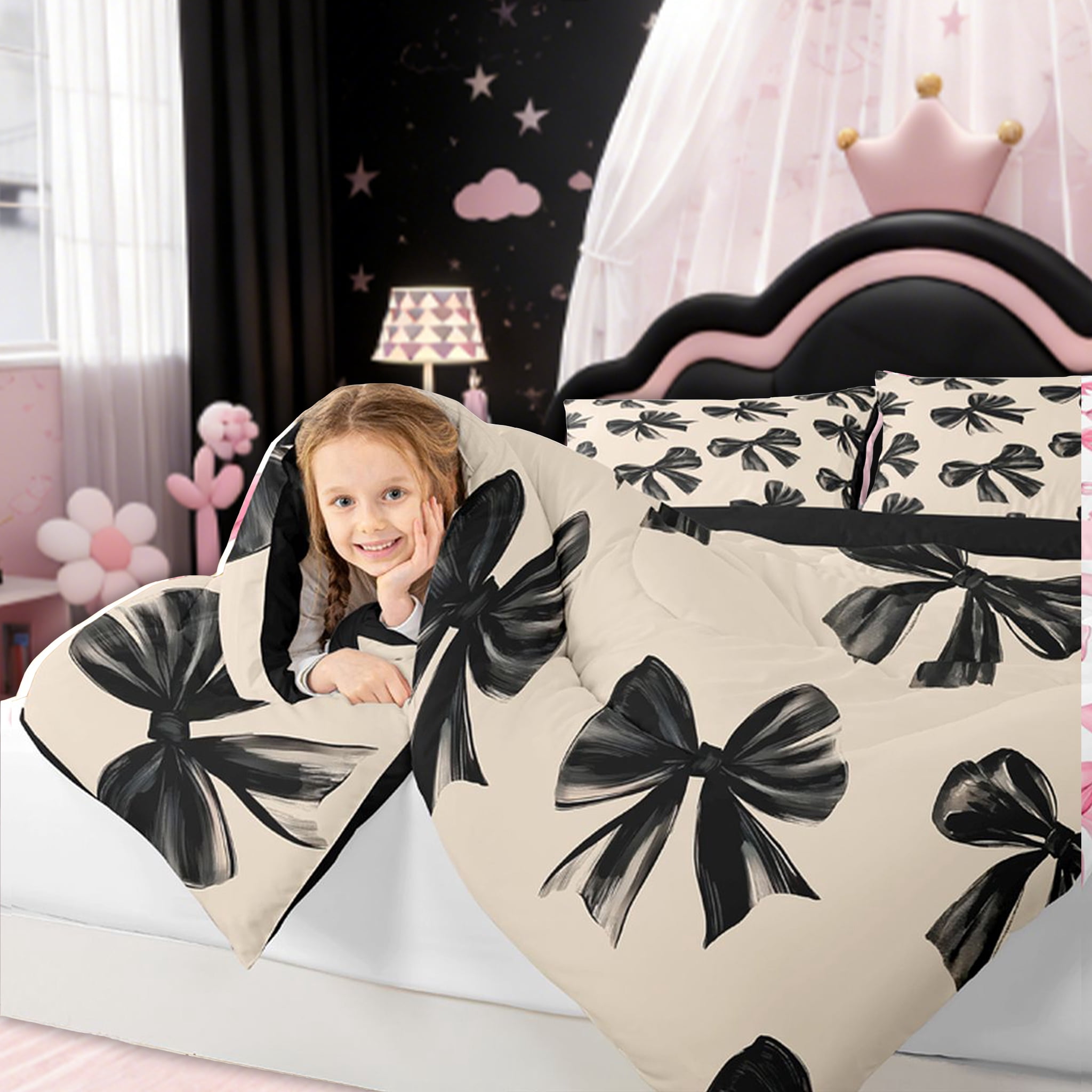 Erosebridal Bow Bedding Set Queen Black Bow Tie Bedding Comforter Sets Teen Adults Room Decor,Watercolor Bowknot Comforter Set Black White Simple Decor Bed Duvet Set