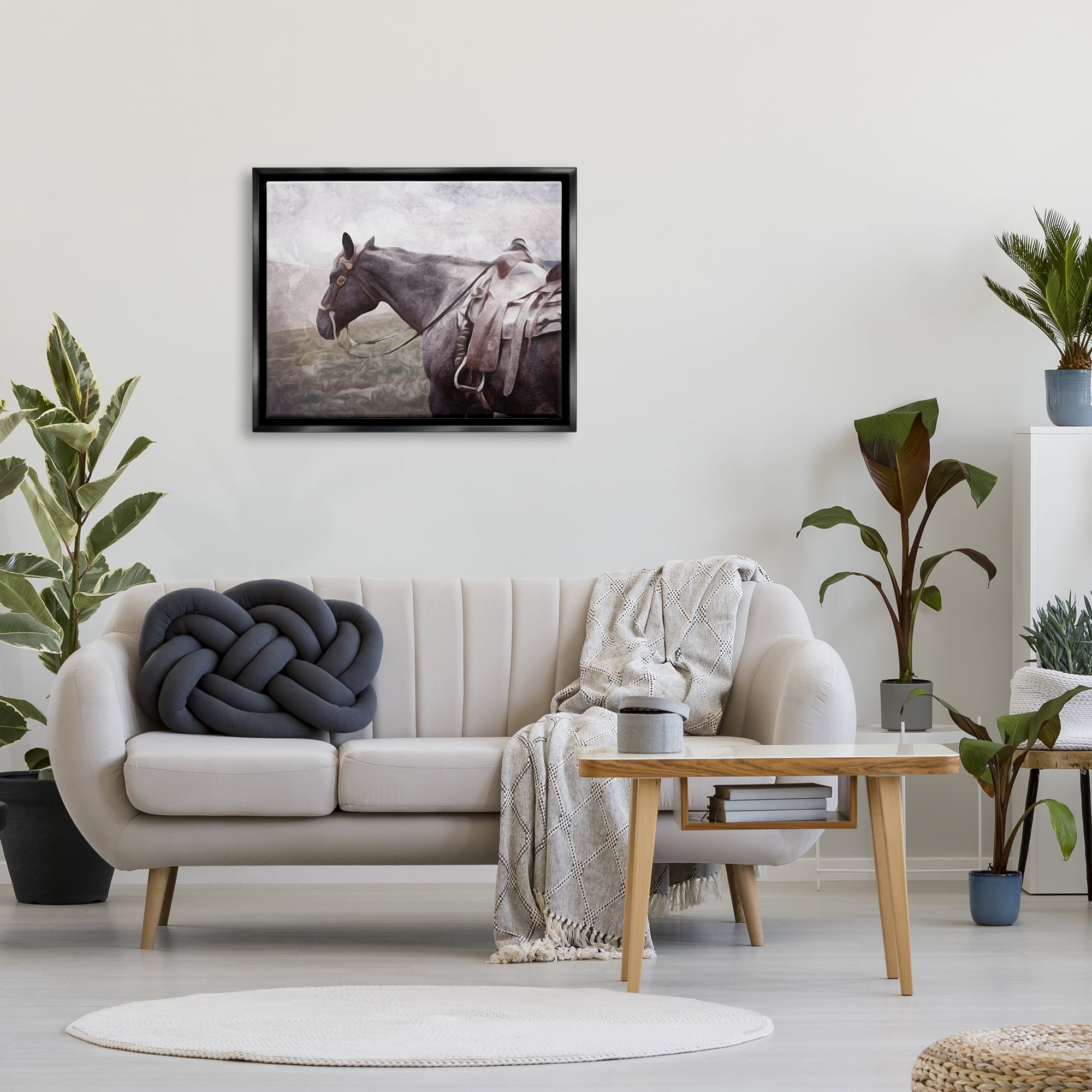 Stupell Industries Horse with Saddle Animals & Insects Painting Black Floater Framed Canvas Art Print Wall Art, 31 x 25