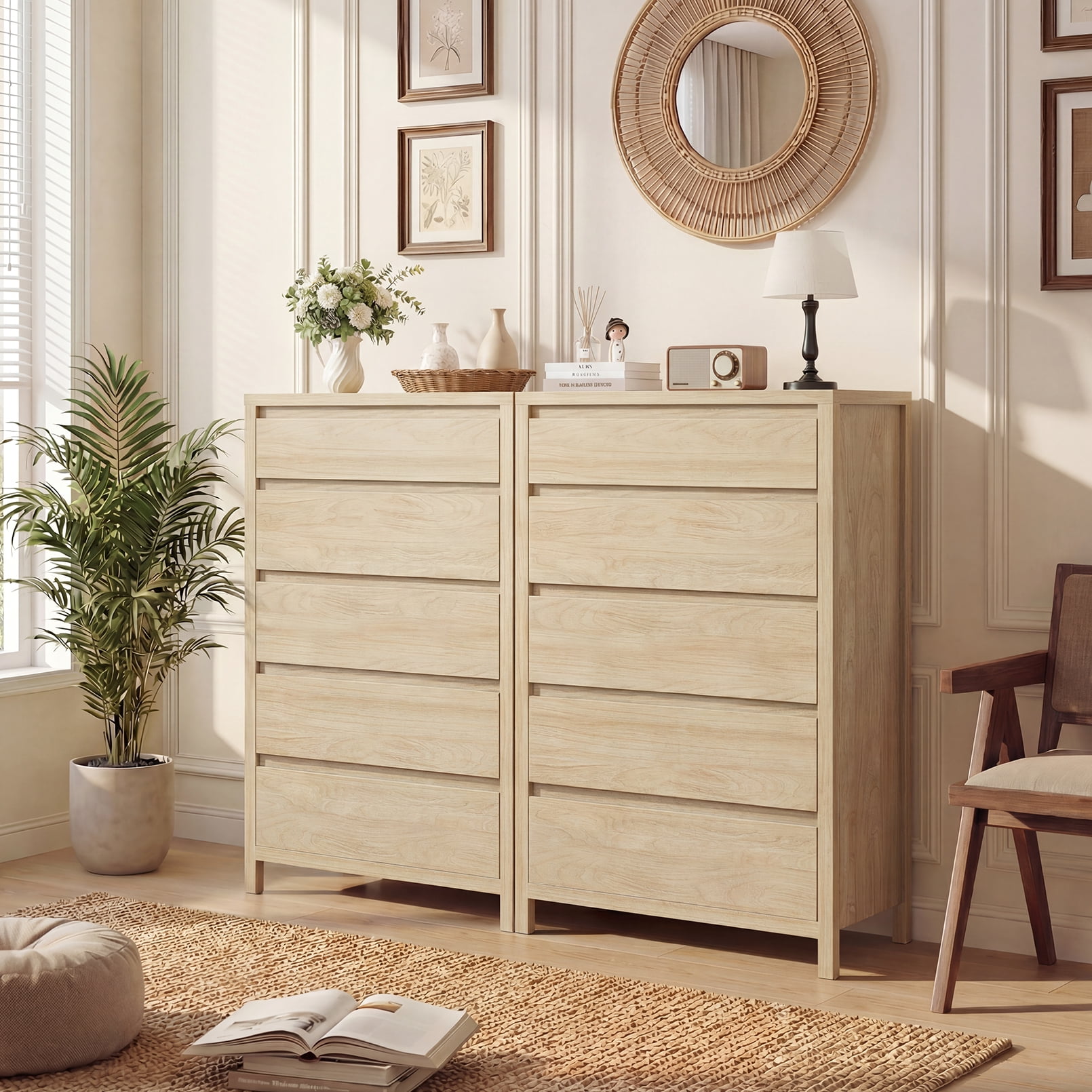 5 Drawer Dresser for Bedroom, 48" Tall Wooden Closet Dresser with Smooth Drawer, Large Tall Dressers & Chests of Drawers for Bedroom Living Room, oak