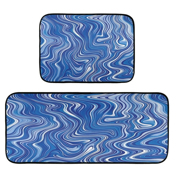 Blue Swirl Pattern 2-Piece Kitchen Carpet Mat Set, Non-Slip Memory Foam, Soft for Kitchen and Living Room Use