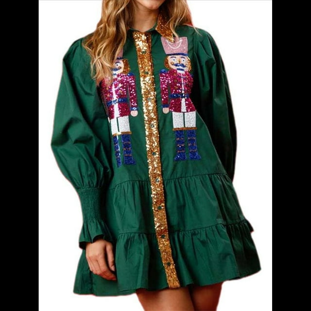 Vestido Camisero de Cascanueces para Mujer, con Brillo Navideño, Sudadera de Papá , Minivestido Tipo Suéter Verde XXXL