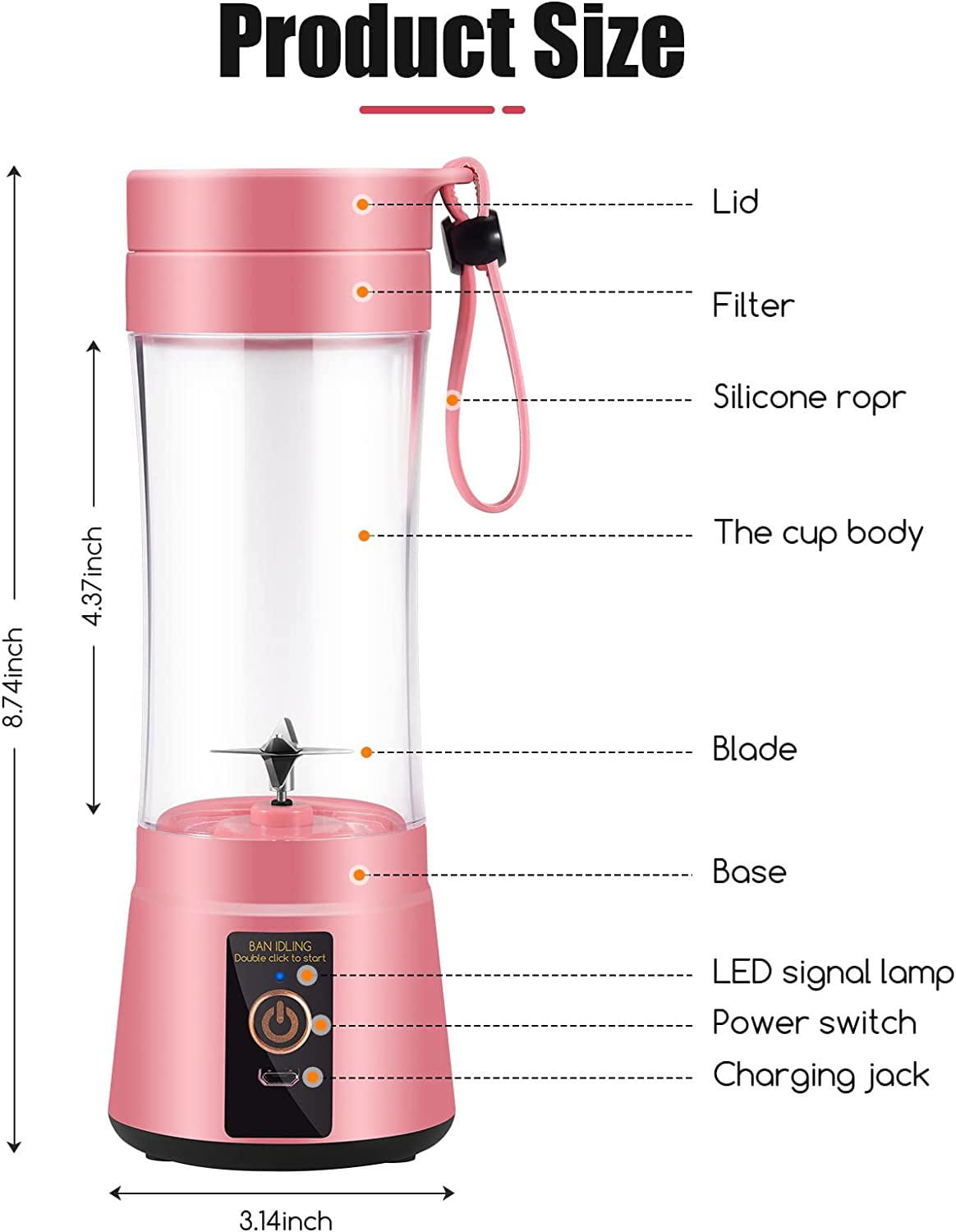 Plusbravo Portable Smoothies Personal Blender Shakes Juicer Cup USB Rechargeable, Size: 1XL, Pink