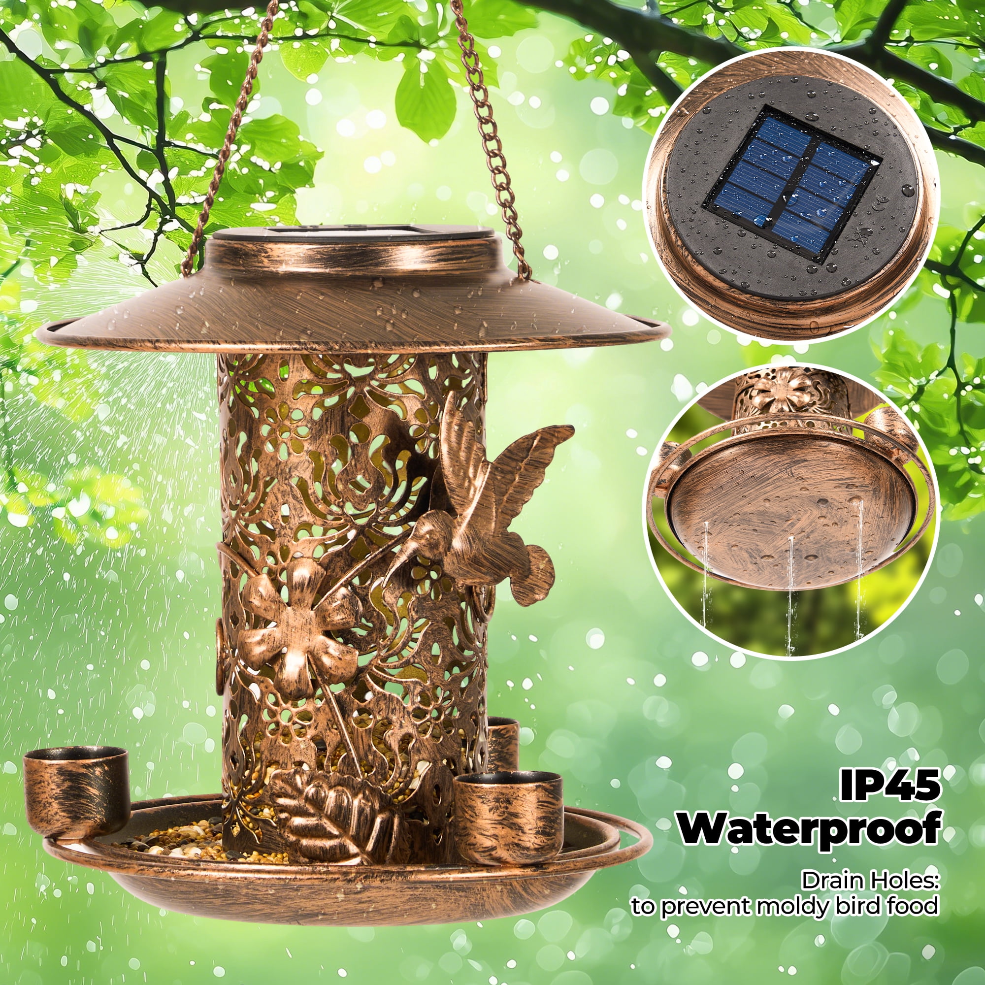 Naipo Solar Bird Feeder for Outdoors Hanging, Metal Wild Bird Feeder for Cardinals Solar Garden Lantern with S Hook as Gift for Bird Lovers