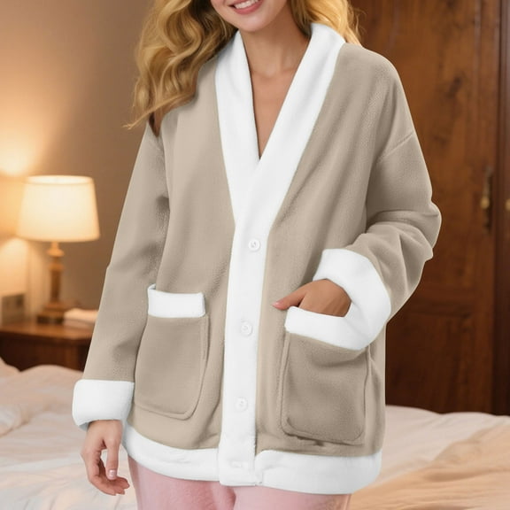 Censtreet Women's Pajama Top, Flannel Long Sleeve Cardigan, Winter V-Neck Soft Sleep Shirt,Warm Loungewear Top