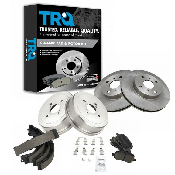 TRQ Front & Rear Posi Ceramic Disc Brake Pads Rotors Shoes & Drum Kit for Toyota BKA11963 Fits select: 1998-2002 TOYOTA COROLLA, 1998-2002 CHEVROLET GEO PRIZM
