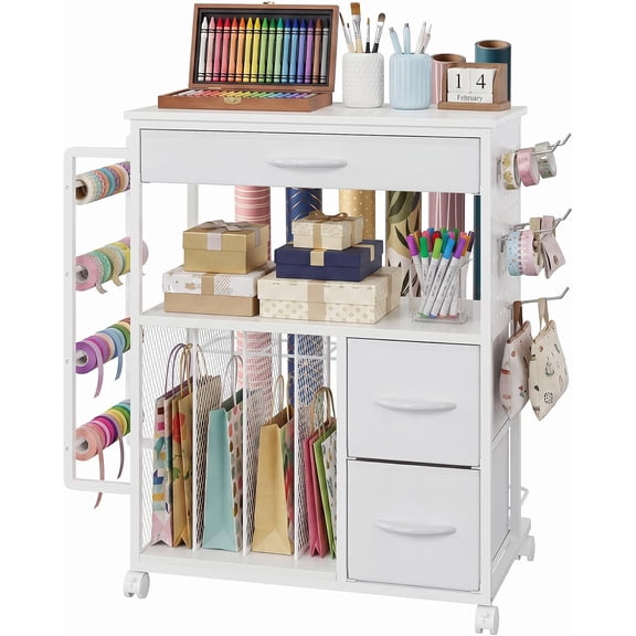 Boupower 3 Tier Rolling Craft Cart with 3 Fabric Drawers, Wrapping Paper Storage Organizer, Vinyl Roll Holder, 4 Lockable Wheels