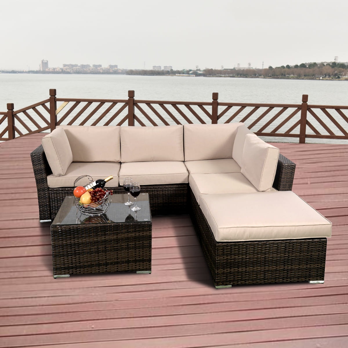Costway 4PCS Wicker Cushioned Patio Rattan Furniture Set Sofa 5 Seat Garden Lawn by Costway