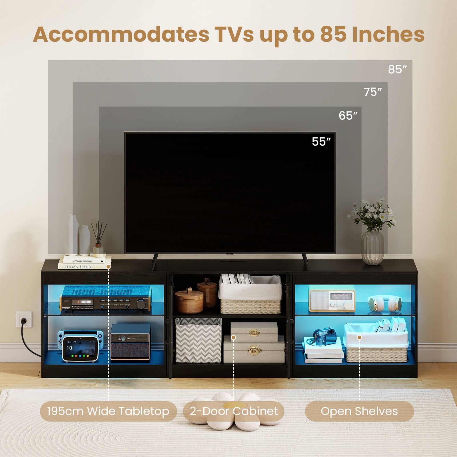 Costway TV Stand with Power Outlets Adjustable LED Lights Storage Cabinet for TVs up to 85” Black