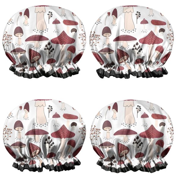 Shower Caps,Red Mushroom Plant White Pattern Waterproof Shower Cap for Women 4 Pieces,Double Reusable Hair Cover for Shower PEVA Elastic Stretch Hem