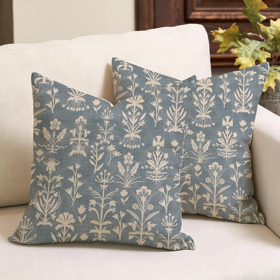 Floral Pillow Covers 18x18 Inch Set of 2,Neutral Accent Vintage Decor Boho Modern Farmhouse Cushion Cases Decoration for Sofa Couch Bed Living Room(Dusty Blue, 18" x 18" (Pack of 2))