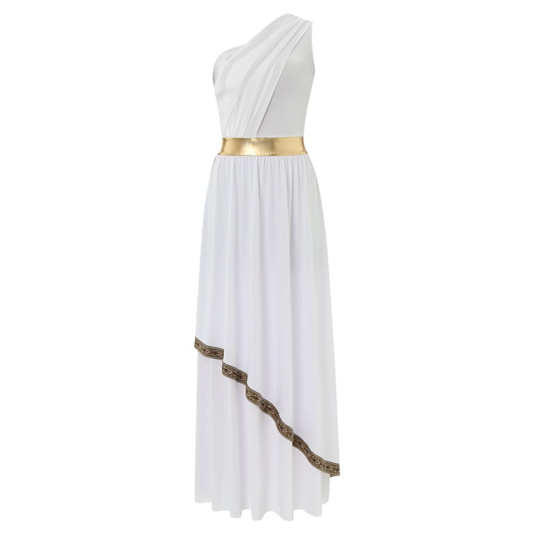 Mufeng Women's Ancient Grecian Toga Costume One Shoulder Chiffon Overlay  Vintage Trim Tunic Dress White 3XL - Walmart.com