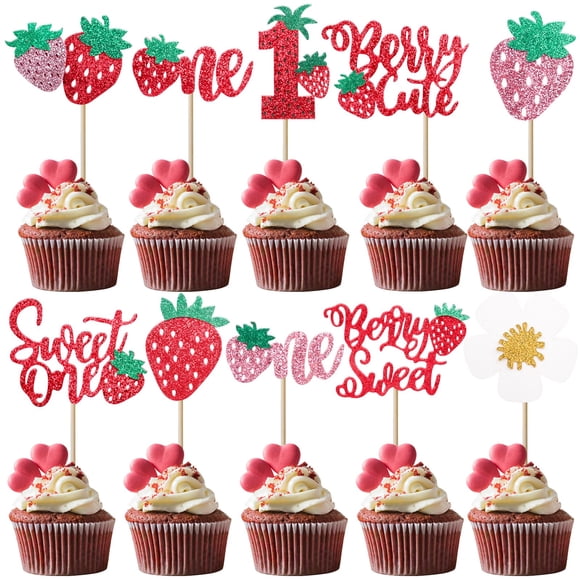 Adornos para magdalenas KeaiBear Sweet One Strawberry, 20 unidades