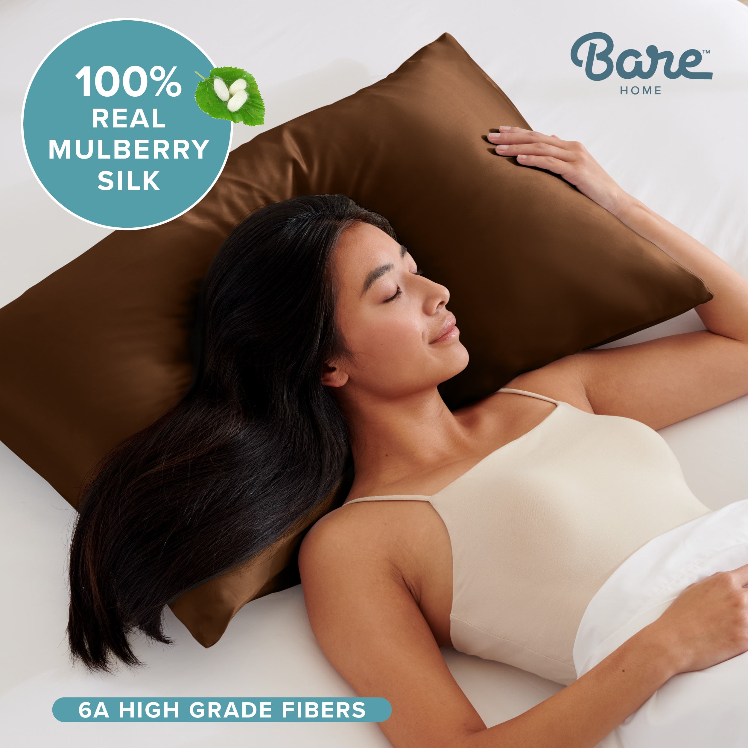 Bare Home 100% Mulberry Silk Zipper Pillowcase - Perfect for Hair and Skin - Premium 6A Grade, 19 Momme Silk - King, Cocoa
