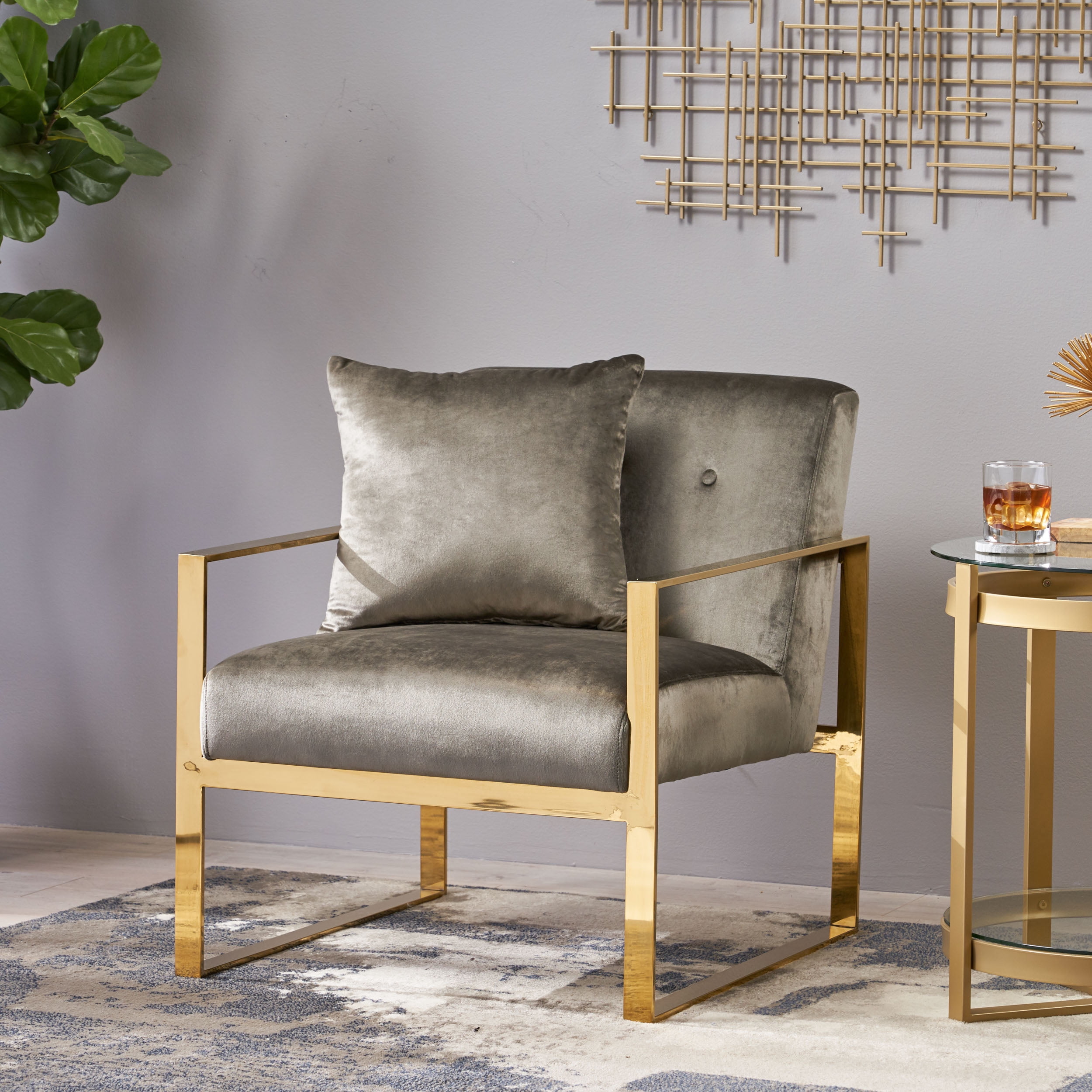 Noble House Jazlynn Stainless Steel Modern Glam Arm Chair with Removable Accent Pillow, Gray and 
