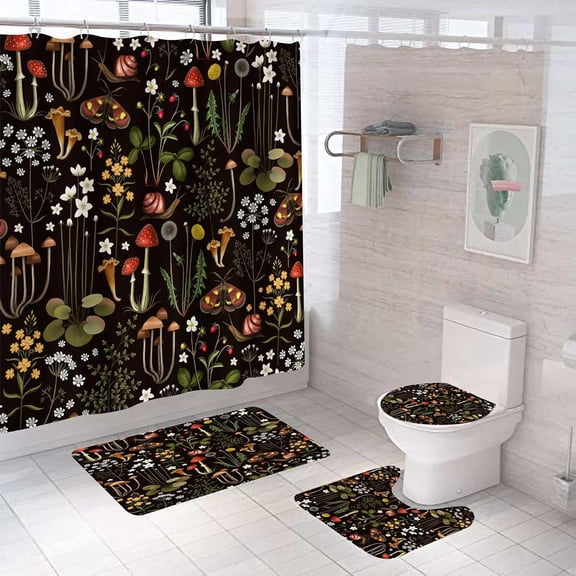 4Pcs African Mud Cloth Bathroom Accessory Sets with Shower Curtain Sets and Rugs, African Tribal Afrocentric Ethnic Shower Curtains with Non-Slip Rugs Toilet Lid Cover Bath Mat 72 x 72