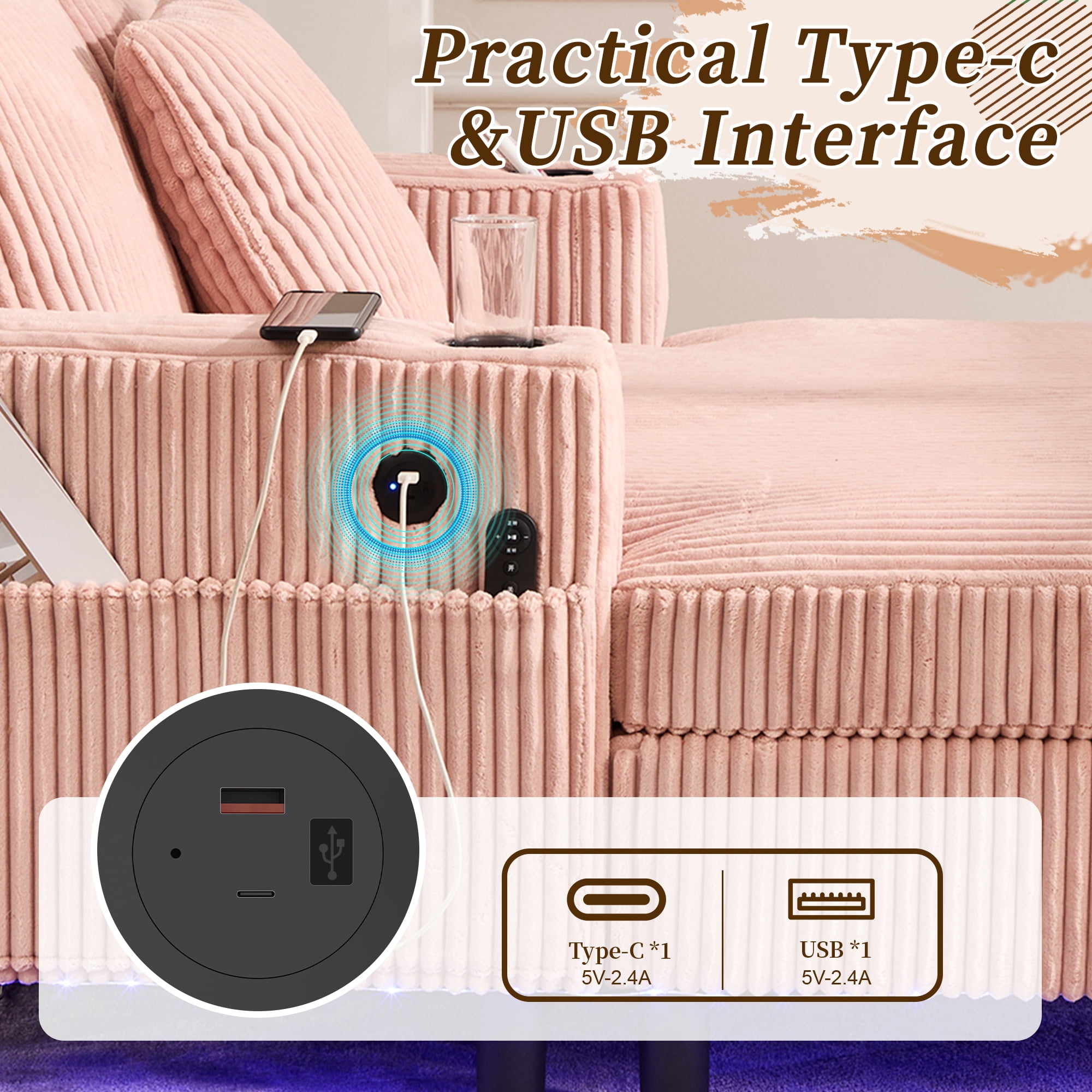 MOONMISS Corduroy Upholstered Oversized RGB LED Light Recliner Sofa Bed with Cup Holder,USB&3 Pillows-Pink