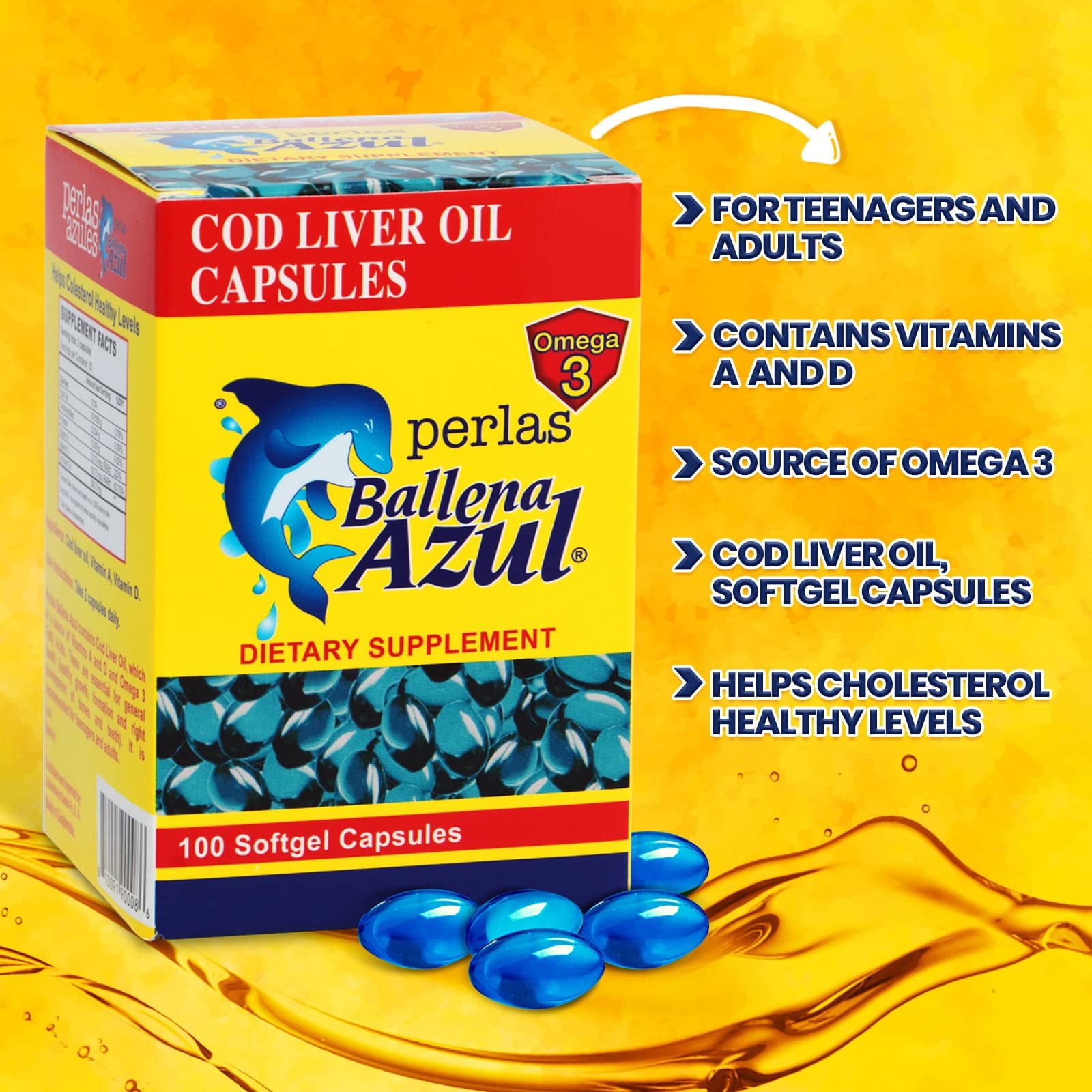 Ballena Azul Aceite de Hgado de Bacalao para Adultos y Nios, COD Liver Oil for Adults and Children, Good Source of Vitamins A,D,E, B1, Dietary Supplement, Omega 3, Inmune System Boost, (Capsules)