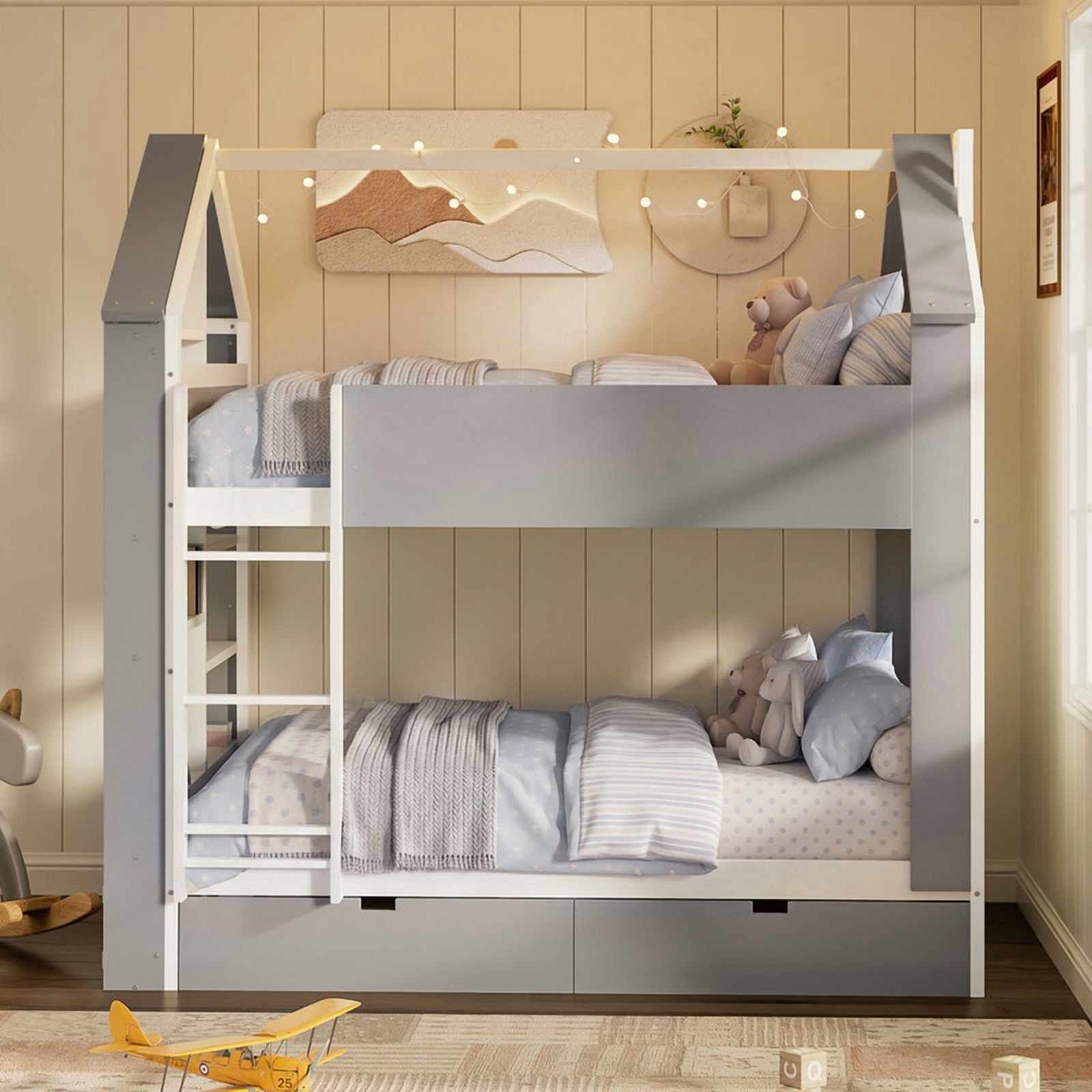 Full-Over-Full Two-Tone Accent Bunk Bed Frame with Cabinet, Drawers & Shelves, Modern Storage Kids Bed with LED Light Strip