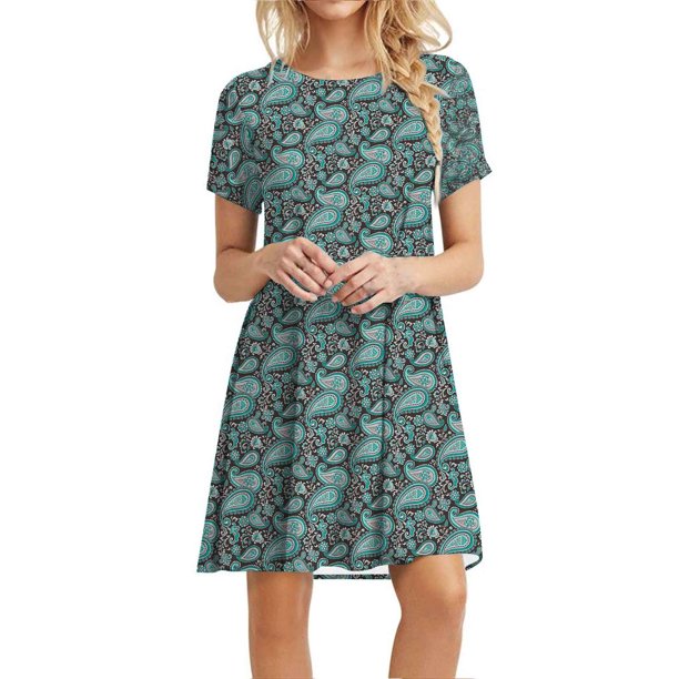 Vestido suelto de manga corta suelto informal liso para mujer Vestido estampado floral estampado clásico Fridja qw1615