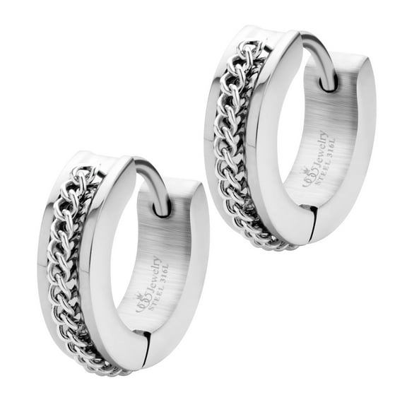 ‎555Jewelry Stainless Steel Cool Curb Chain Hoop Earrings for Men & Women, Unisex Hoop Earrings, ‎Cuban Chain Hoops, Huggies for Men, Hoop Earrings For Women, Silver