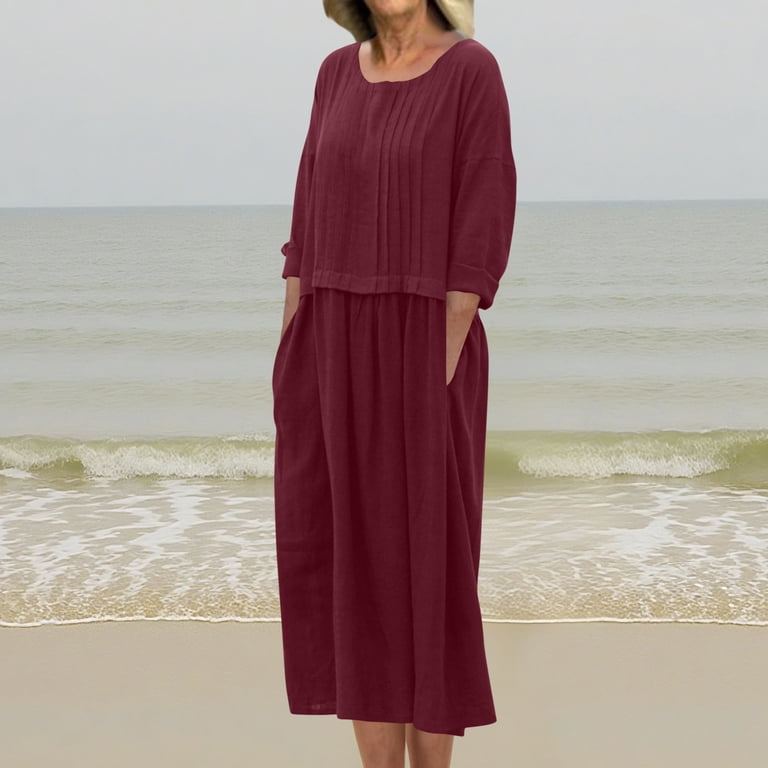 SMihono Women's Cotton Linen Long Sleeve Midi Dress Loose Fit Casual Plain  Pleated Round Neck Flowy Dresses with Pockets Wine M