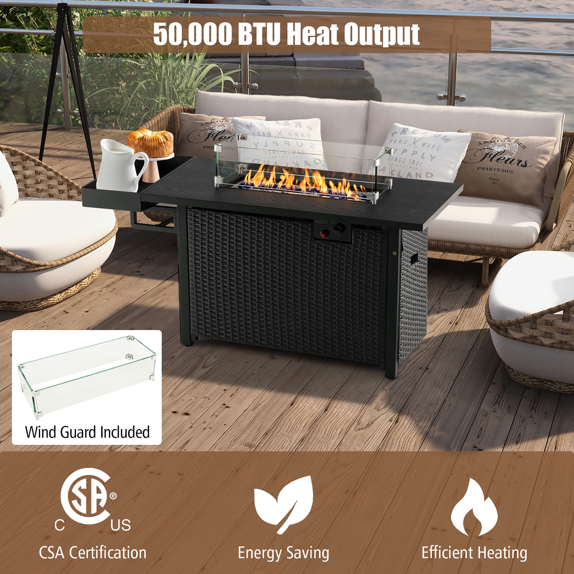 Gymax Propane Gas Fire Pit Table 52 Inch Propane Fire Pit w/ Wind Guard 50,000 BTU Heat Output Black