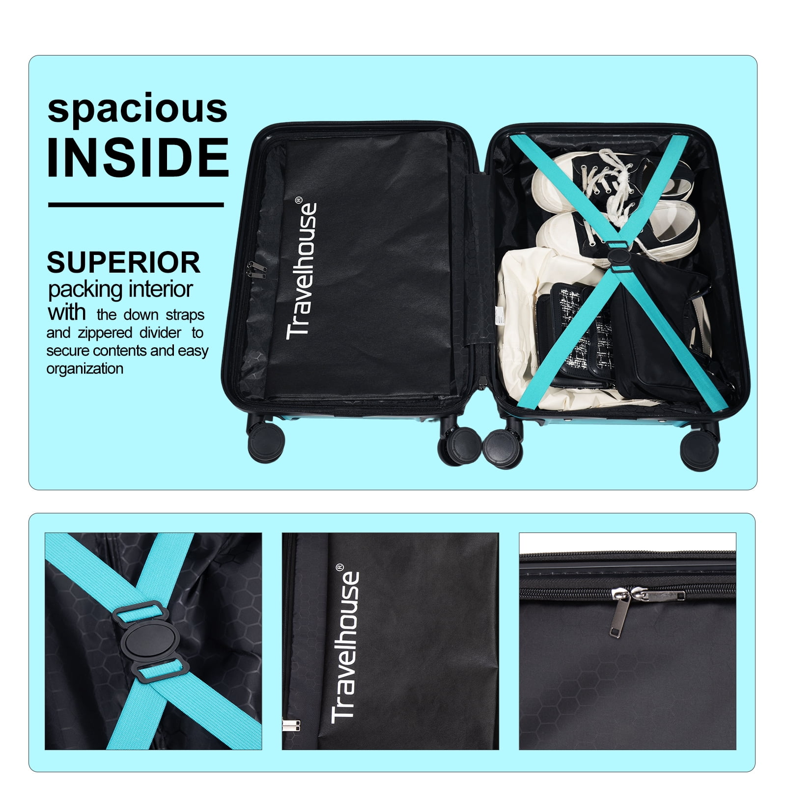 Travelhouse 20" Underseat Hard-Sided Carry-On Luggage, Spinner Wheels, ABS,Light Blue