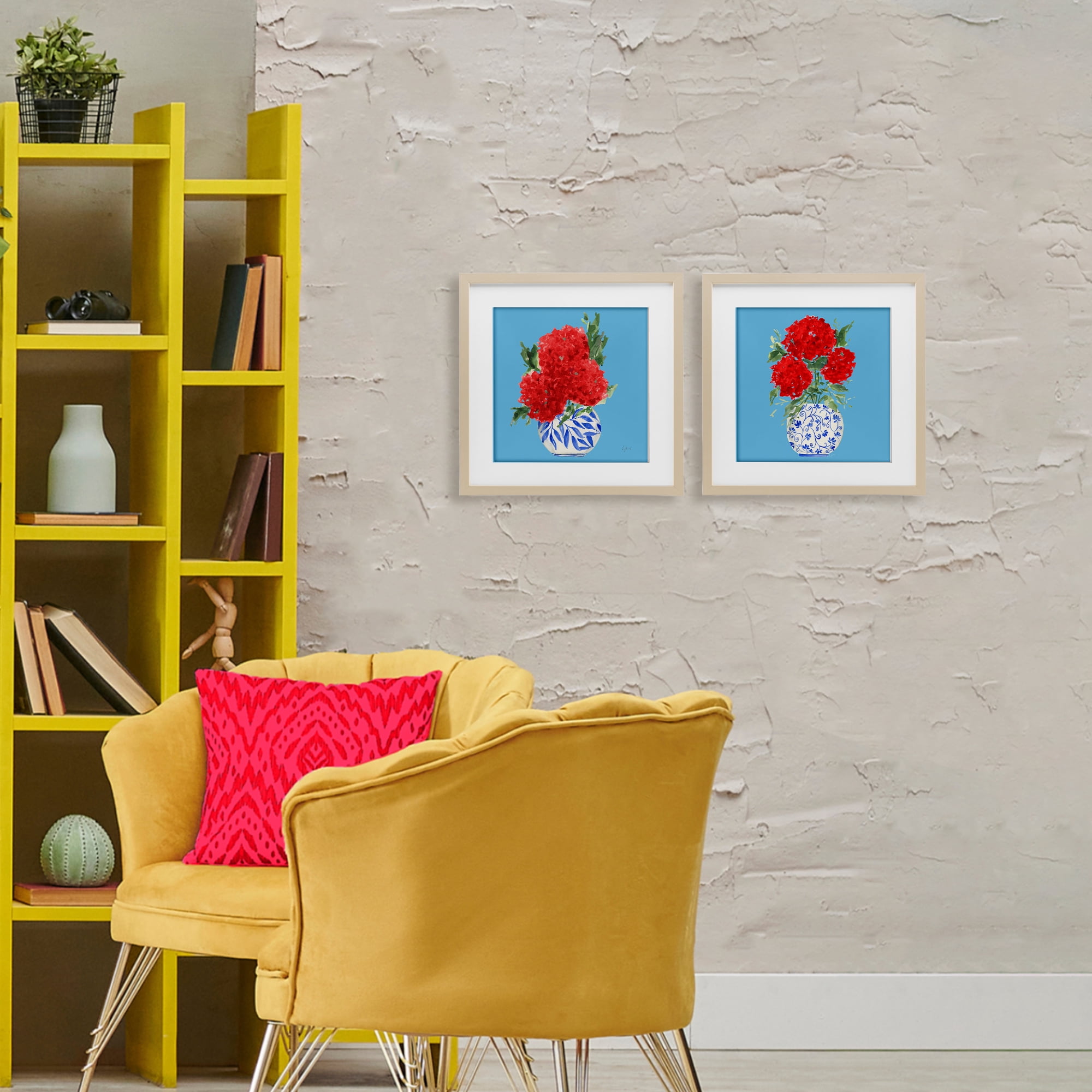 Stupell Industries Bright Red & Blue Hydrangeas 2 Piece Birch Framed Print Under Glass Set, design by Lucille Price