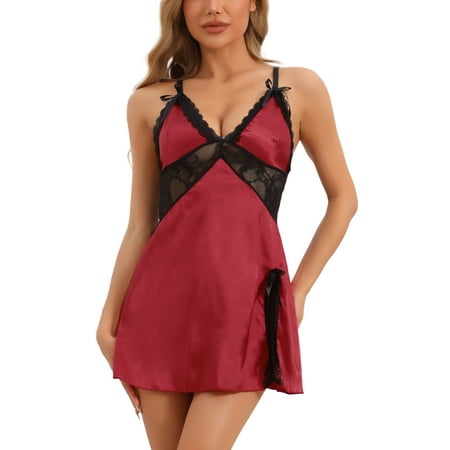 cheibear Women s Satin Lingerie Lace Chemise Sleep Dress Babydoll Nightie Slip Nightgowns M Red