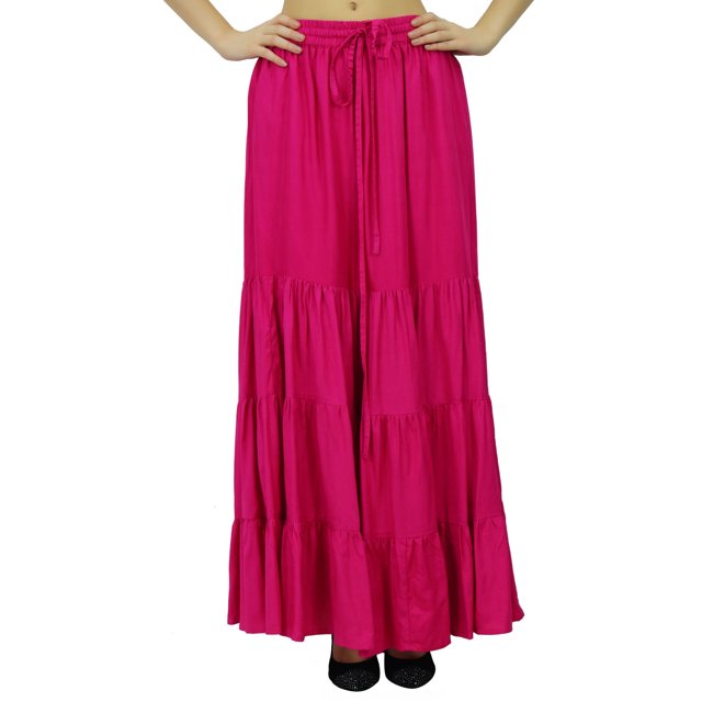 Bimba Boho Long Flaired Maxi Tier Skirt Elastic Waist Rayon Bohemian Skirts