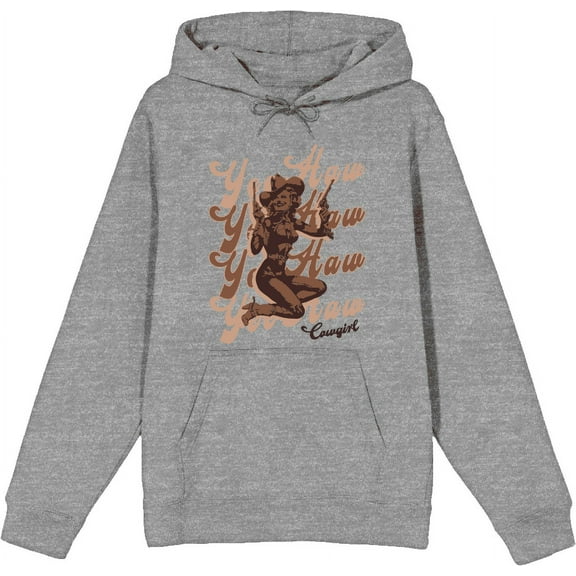 Yeehaw! Pin Up Cowgirl Adult Heather Gray Long Sleeve Hoodie-Medium