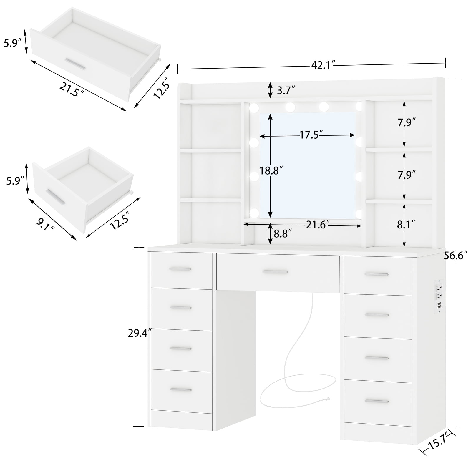 Makeup Vanity Table with 3-Color LED Lights Mirror, Vanity Table with 9 Drawers and 7 Storage Shelves, Vanity Desk for Bedroom Dressing Room, White
