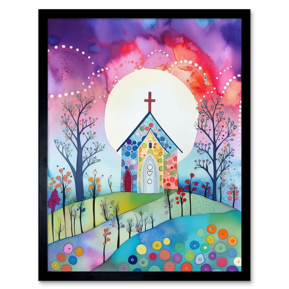 Countryside Chapel In Full Moon Spring Night Folk Art Watercolour Painting Art Print Framed Poster Wall Decor 12x16 inch