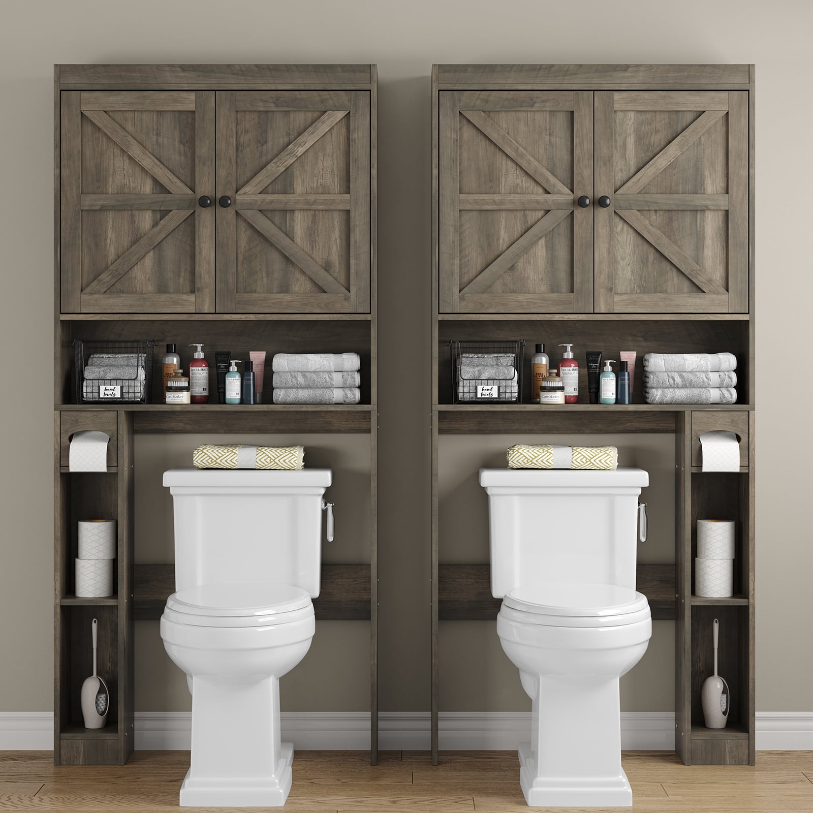 Furnihold Over The Toilet Storage Cabinet with Barn Doors, 32.3''W Farmhouse Bathroom Over Toilet Shelf Space Saver with Toilet Paper Holder, Gray