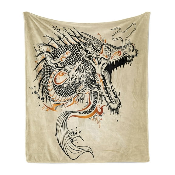 Japanese Dragon Soft Flannel Fleece Blanket, Doodle Style Roaring Creature with Tail Fangs Scales Tribal Details, Cozy Plush for Indoor and Outdoor Use, 50" x 60", Beige Ginger Black, by Ambesonne