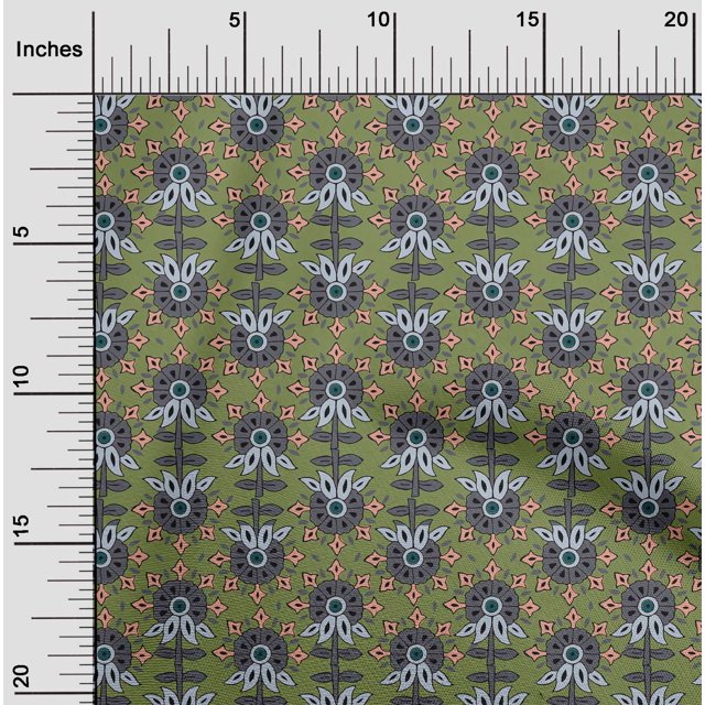 oneOone Georgette Viscose Fabric Leaves & Floral Block Printed Fabric 1 Yard 42 Inch Wide