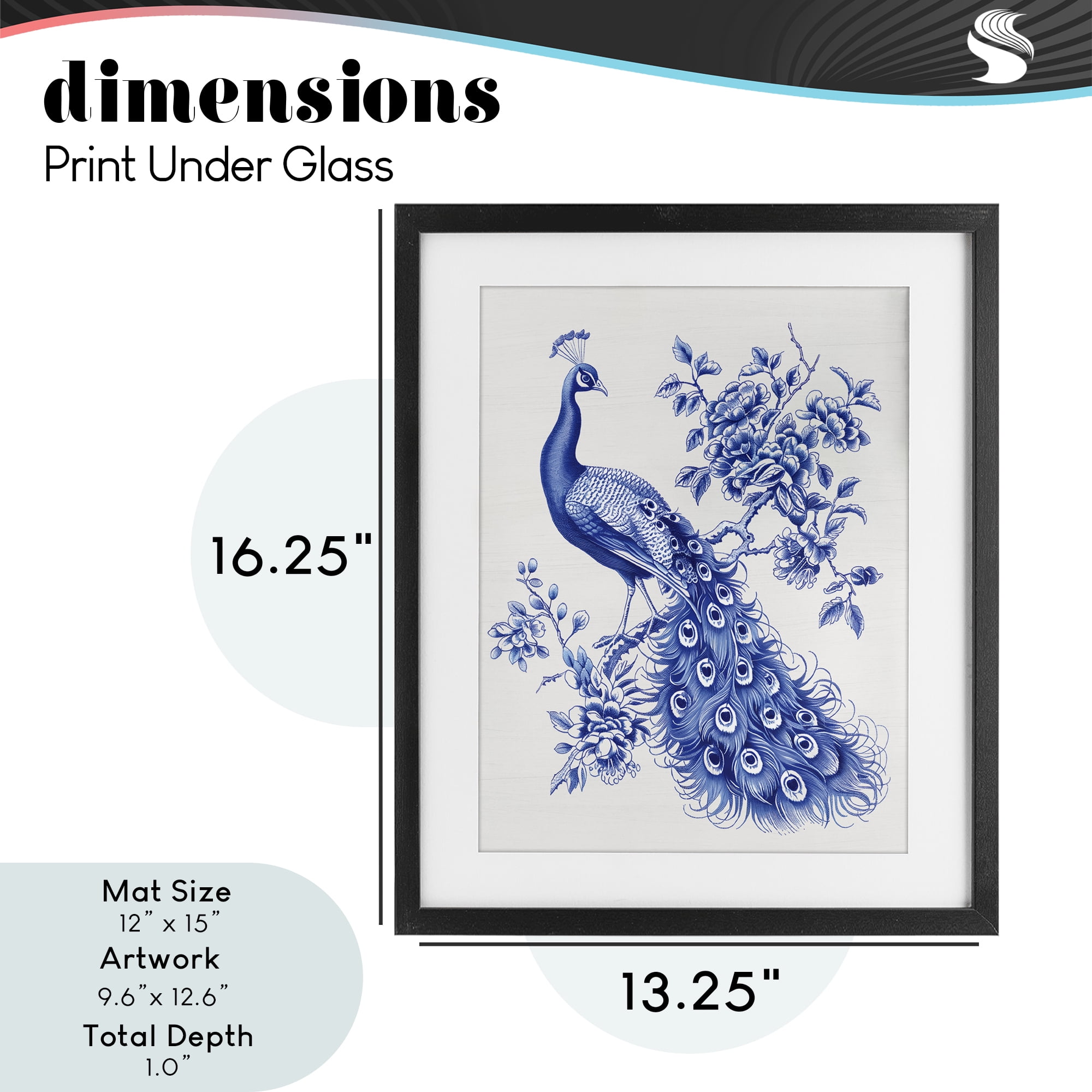 Vintage Peacock in Toile Style Black Framed Print Under Glass, design by Lettered and Lined