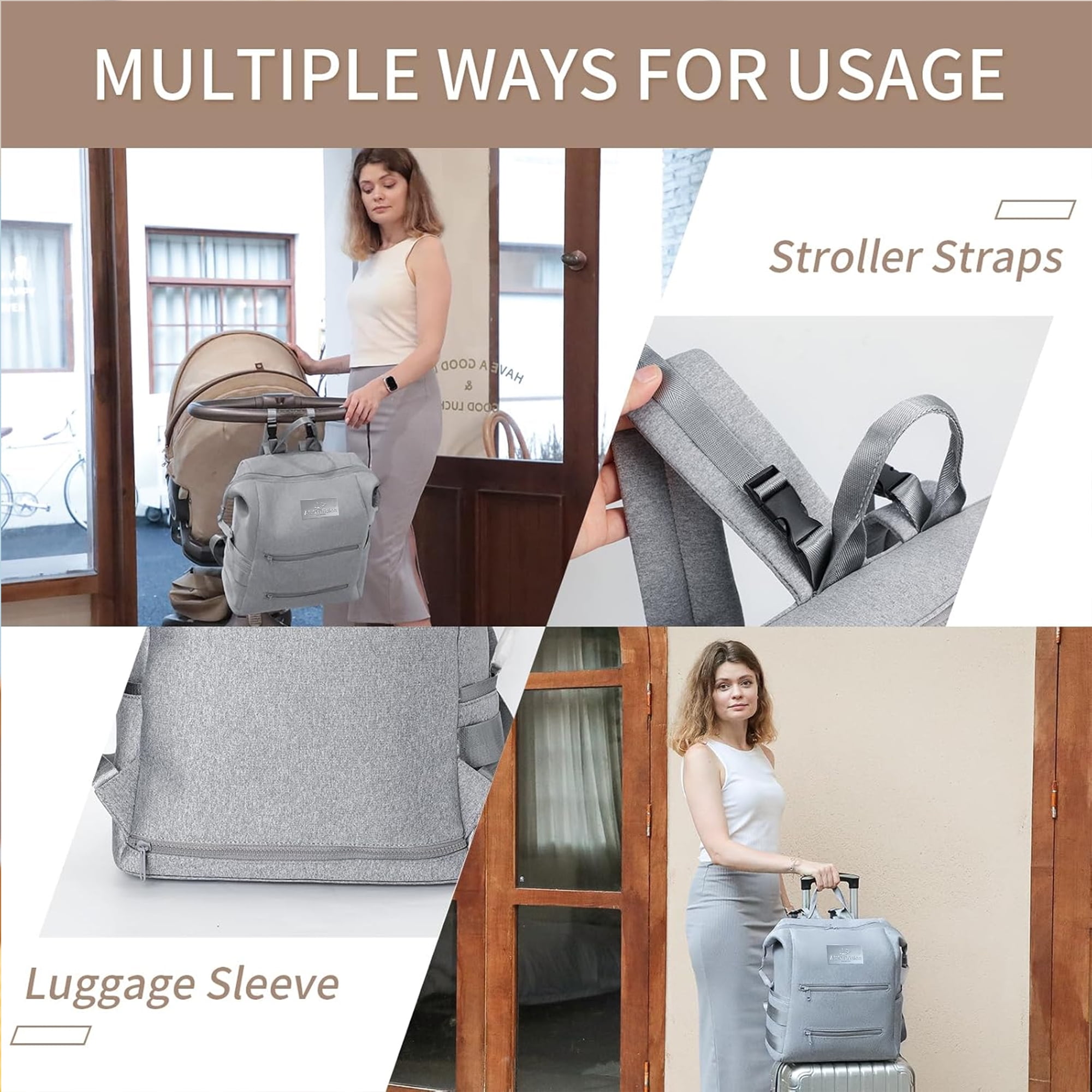 ASOTVision Neoprene Diaper Bag Backpack, Water-resistant, Travel Baby Bag With Changing Pad, Stroller Straps, Wet Bag and Pouch (Gray)