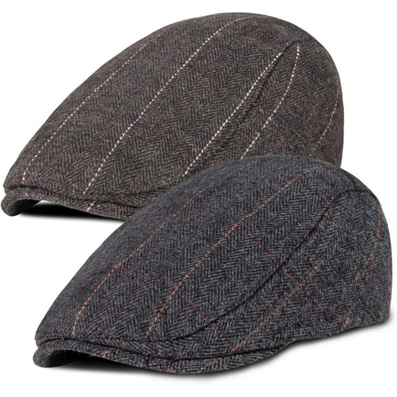 Fashion 2 Pack Newsboy Cap for Men Adjustable Herringbone Tweed Wool Hats Blend Flat Cap Ivy Cabbie Driving Hat