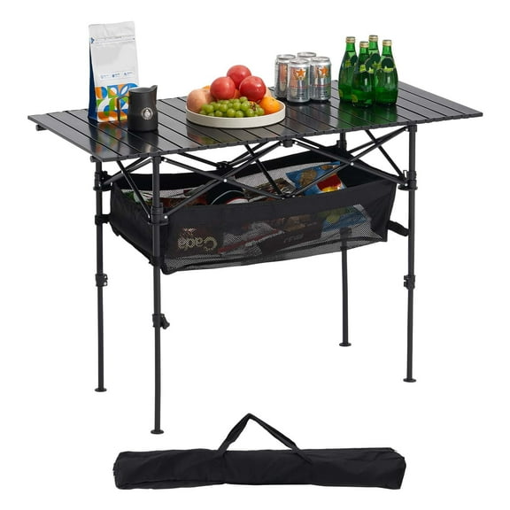 VEVOR Folding Camping Table, Portable Roll Up Side Tables, Lightweight Aluminum Beach Table with Adjustable Height, Large Storage Bag and Carry Bag, For Outdoor BBQ Tailgating Picnic,Travel,Black