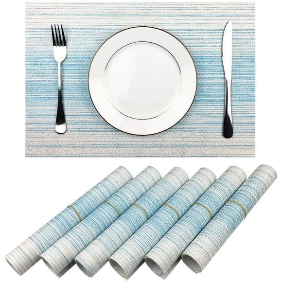 Napperon, Napperon en Vinyle Tissé Durable de Couleur Assortie Lavable Résistant à la Chaleur Antidérapant pour Cuisine et Salle à Manger (Ensemble de 6, Bleu avec Blanc)