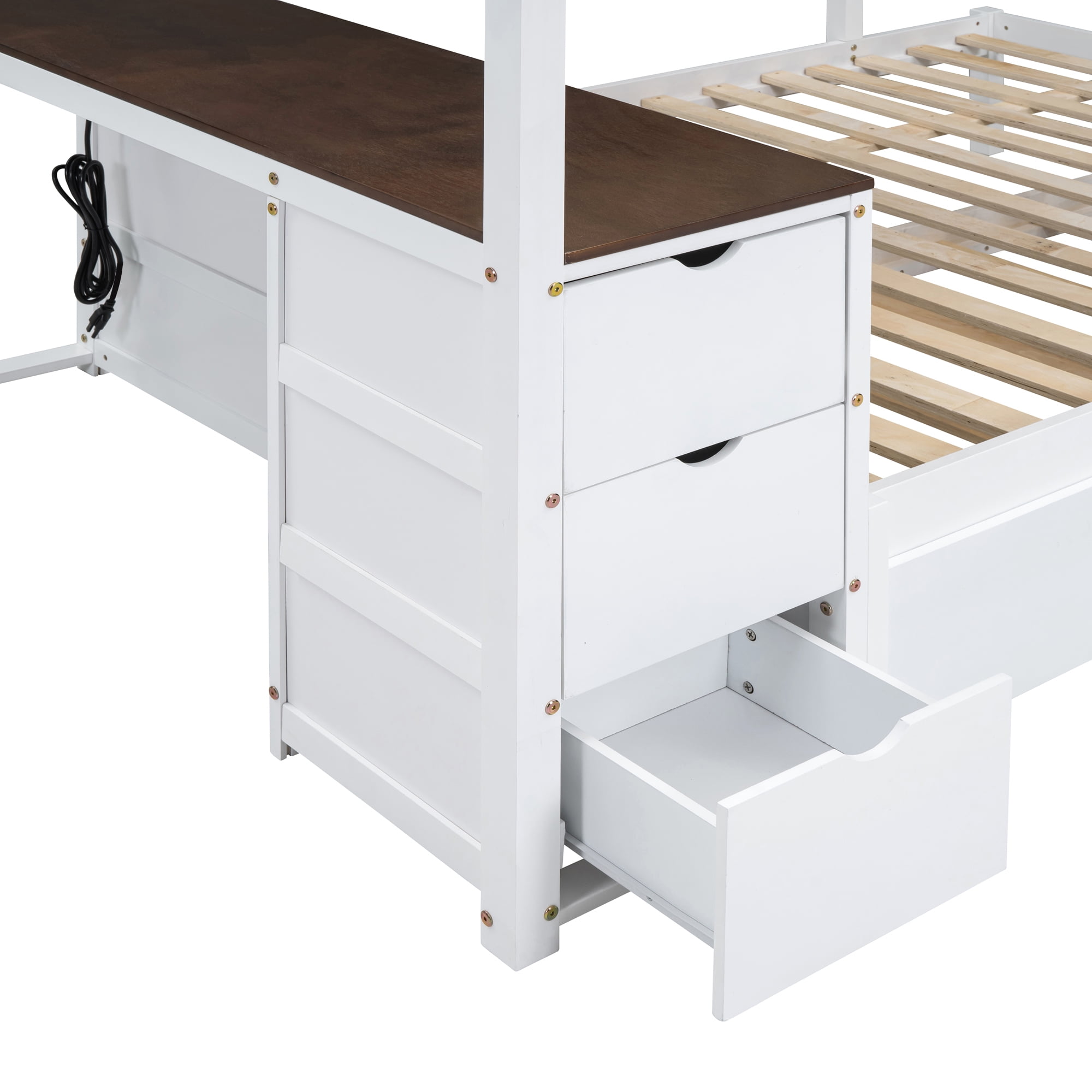 Aukfa Full Over Full Bunk Bed with Trundle and USB Charging Station, Wood Bed Frame with Build-in Desk&Storage Drawers for Kids Bedroom, White/Walnut