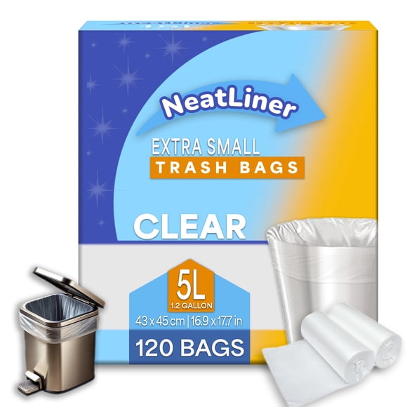 NeatLiner™ Sacs Poubelle Transparents Extra Petits 5 L – 120 Sacs Poubelles pour Salle de Bain et Bureau – Conviennent aux Poubelles de Cuisine jusqu'à 5 Litres