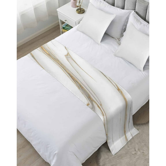 Xipuska White Golden Marble Bed Runners for Queen Size Bed, Decorative Bed Throws for Foot of Bed, Modern Abstract Art Marble Crack Bed Runner Sofa Throw Bedding Scarf Protector Slipcover for Bedroom
