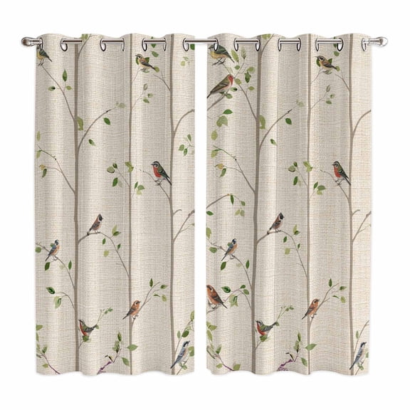 Curtains 84 Inches Long 2 Panels, Sparrow Grommets Window Treatment Curtain, Spring Birds on The Branches Retro Country Beige Thermal Curtains Drapes for Living Room/Bathroom