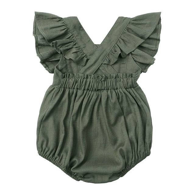 IROINID On Sale Bodysuit For Baby Girl Baby Girls Cute Solid Color Cotton Linen Ruffles Backless Jumpsuit Romper,Green