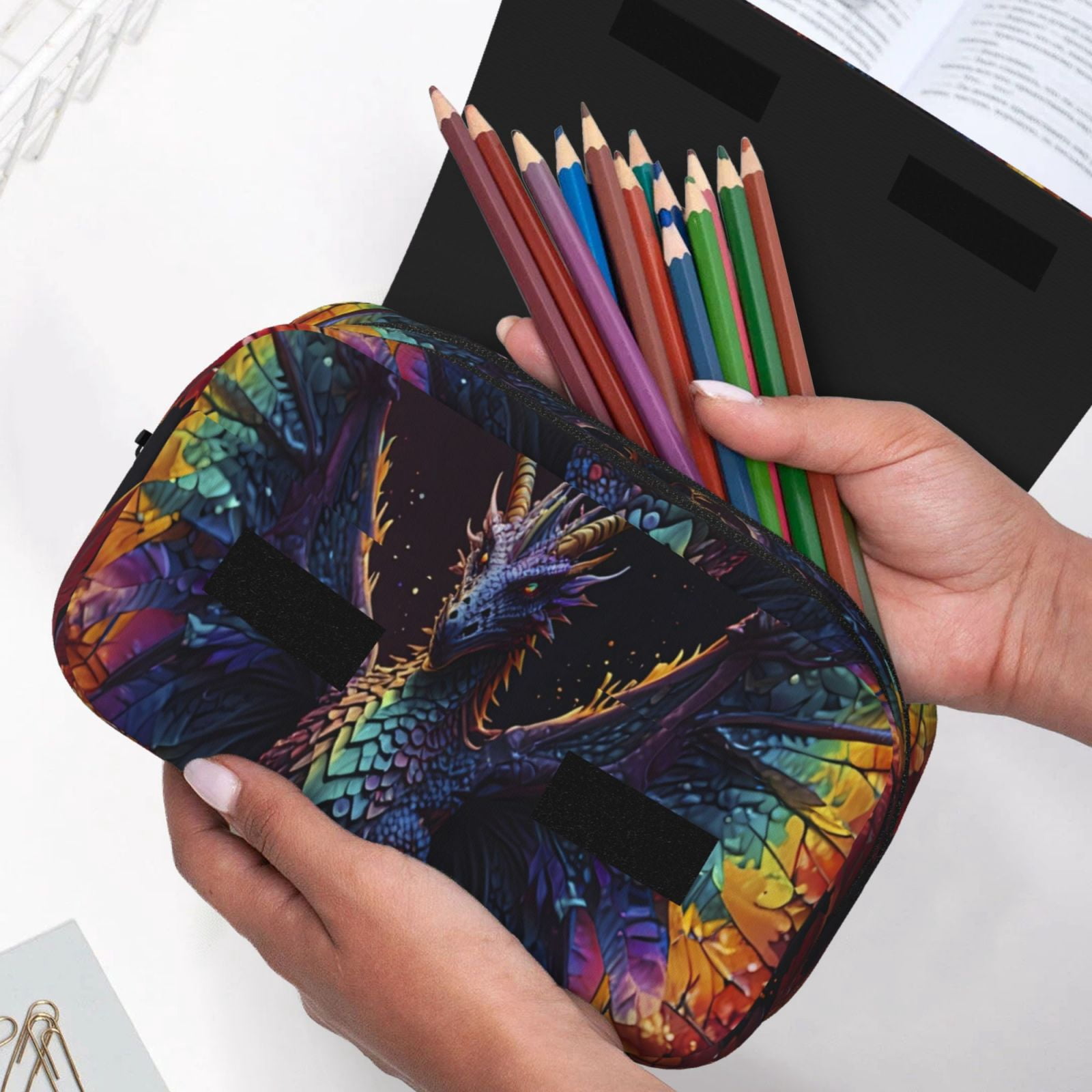 Rateoe Rainbow Wings Majestic Dragon Pattern Double Clamshell Pen Case, Storage Organizer with Two Zipper Compartments– Holds Up to 50 Pencils & Pens