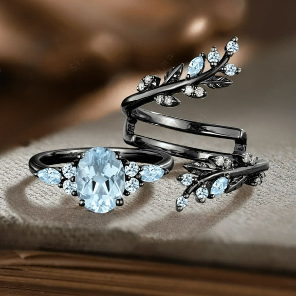 Oval Cut Aquamarine Engagement Ring Gothic Art deco 14K Black Gold Vermeil- Leaf Vine Wedding Band